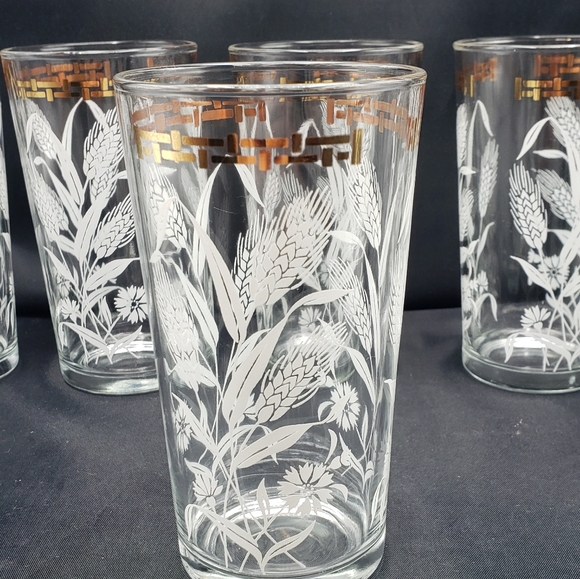 Vintage MCM Hazel Atlas 9 Gold with White wheat Tumblers - Picture 2 of 7